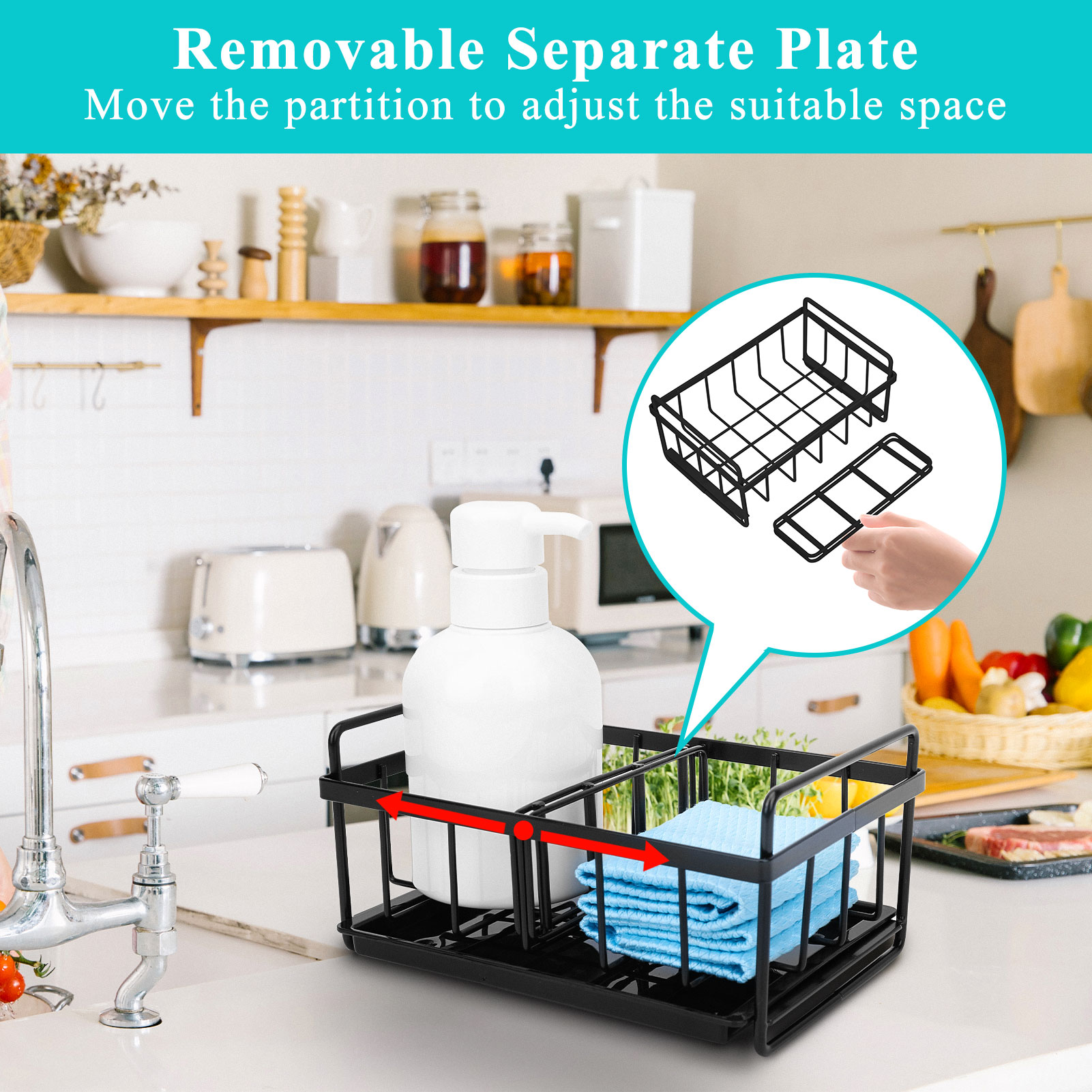 Organiseur Évier Cuisine COVAODQ Noir - Porte-Éponge Plateau Vidange Amovible